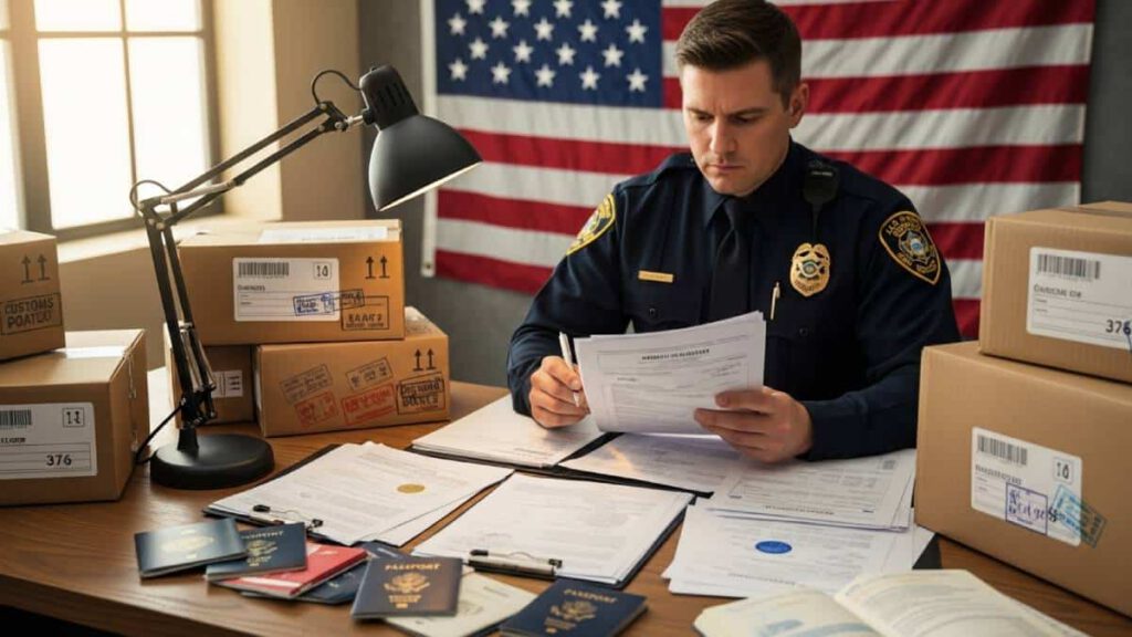 Agent des douanes examinant des documents internationaux avec un drapeau américain en arrière-plan.