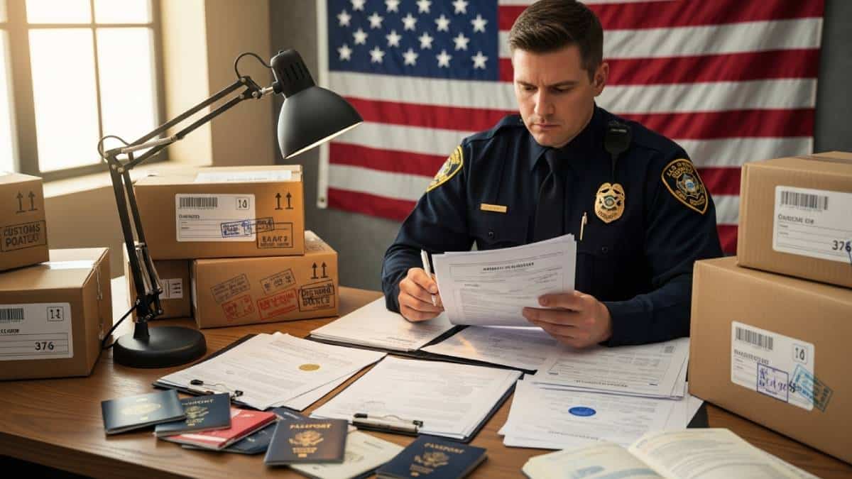 Agent des douanes examinant des documents internationaux avec un drapeau américain en arrière-plan.