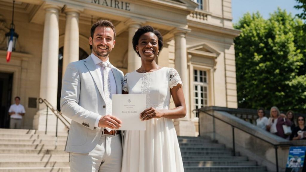Couple mixte devant une mairie française avec dossier de mariage en main, jour ensoleillé.