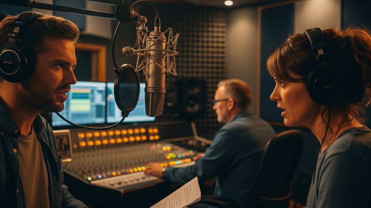 Studio actor dubbing a film, microphone and headphones, professional and immersive atmosphere