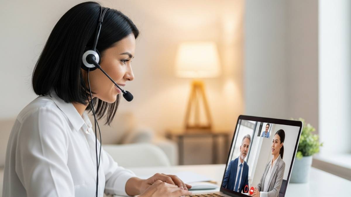 Interprète en visioconférence avec casque, traduisant entre deux personnes à distance.