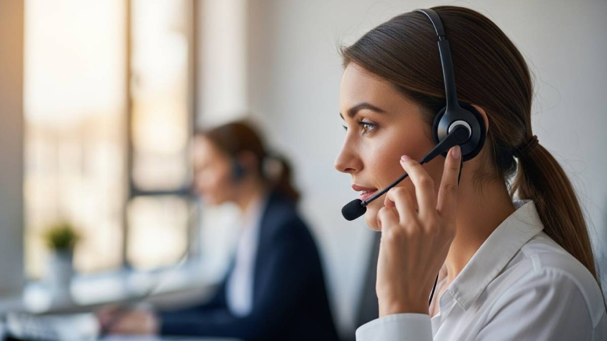Interpreter with headset in the middle of a telephone translation in a professional office.