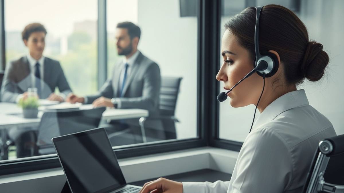 Interpreter in a booth interpreting for an international business meeting in real time