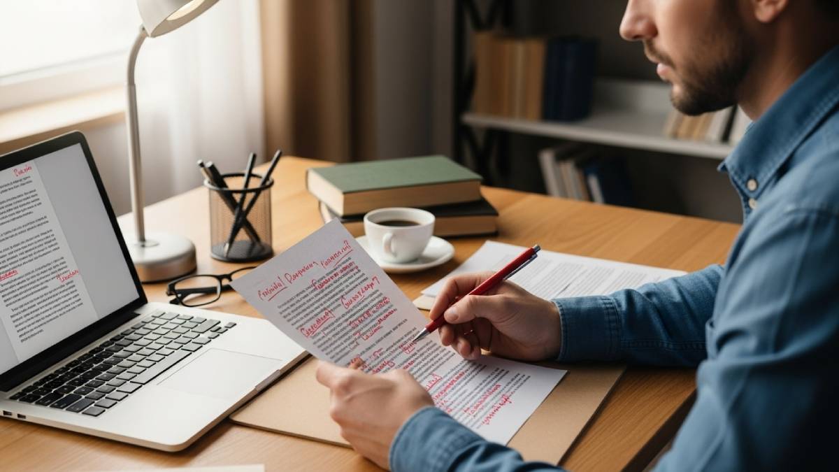 Traducteur corrigeant un texte imprimé avec stylo rouge et ordinateur portable