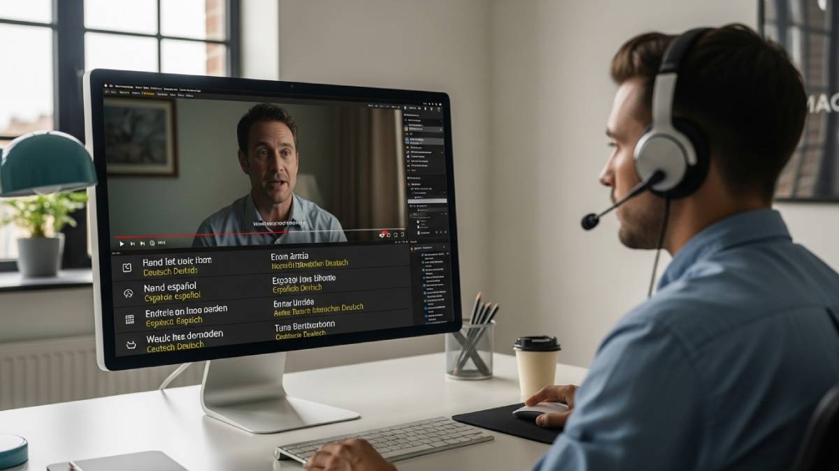 Multilingual subtitled video on screen, translator with headphones in a modern office environment