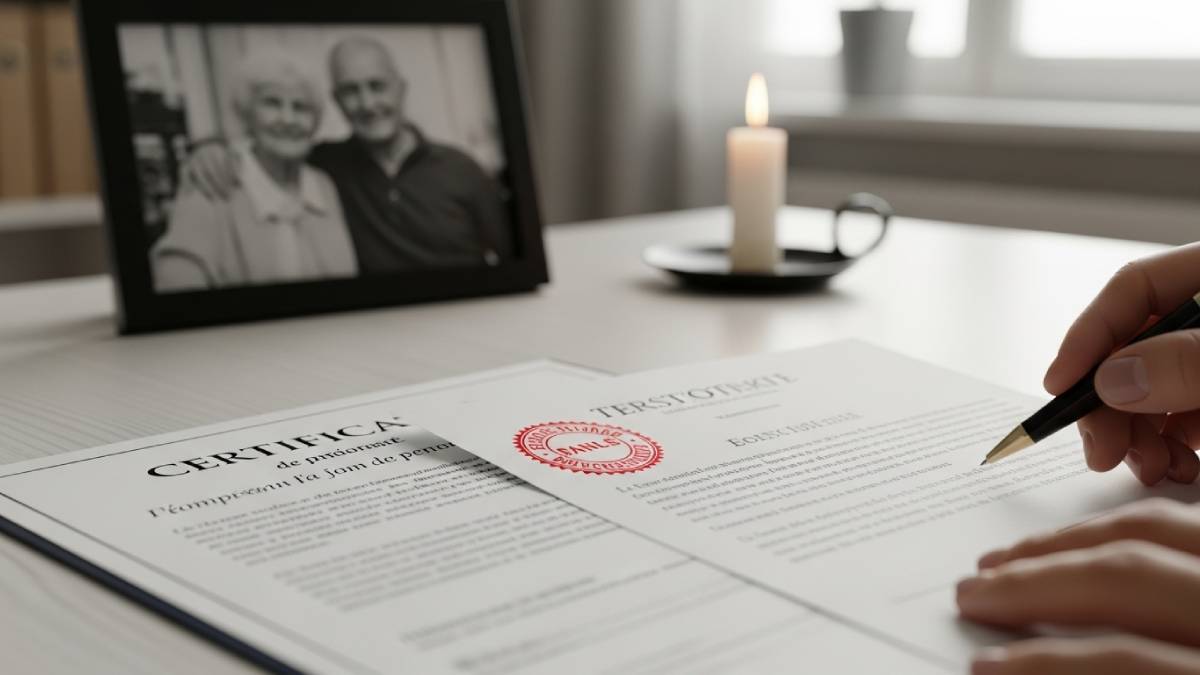 Translation of a death certificate with red stamp, candle and blurred photo in background