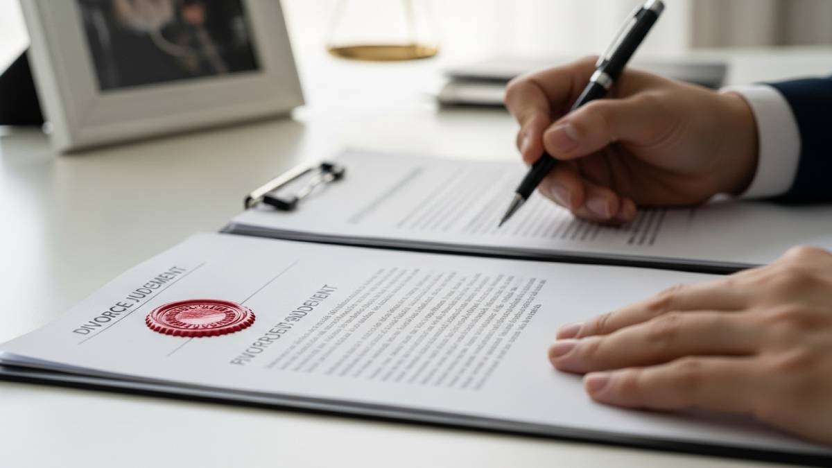 Divorce decree translated with red stamp on an understated desk, photo frame turned around in background