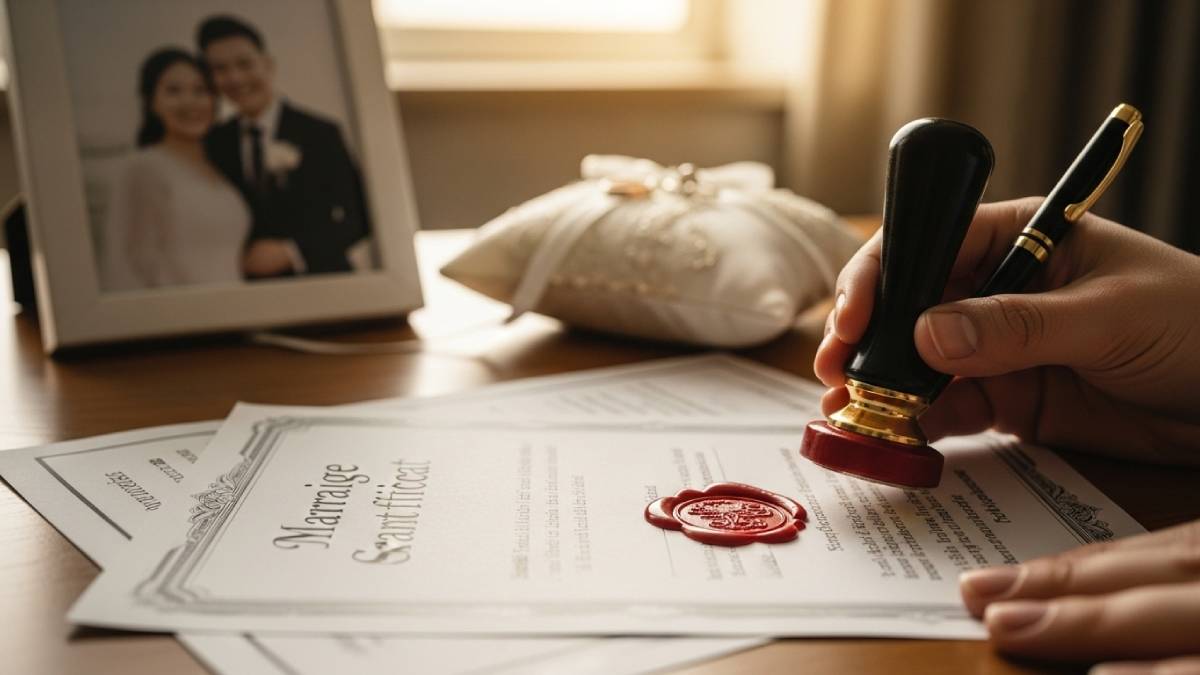 Translated marriage certificate with red seal, wedding rings and photo of the couple in the background