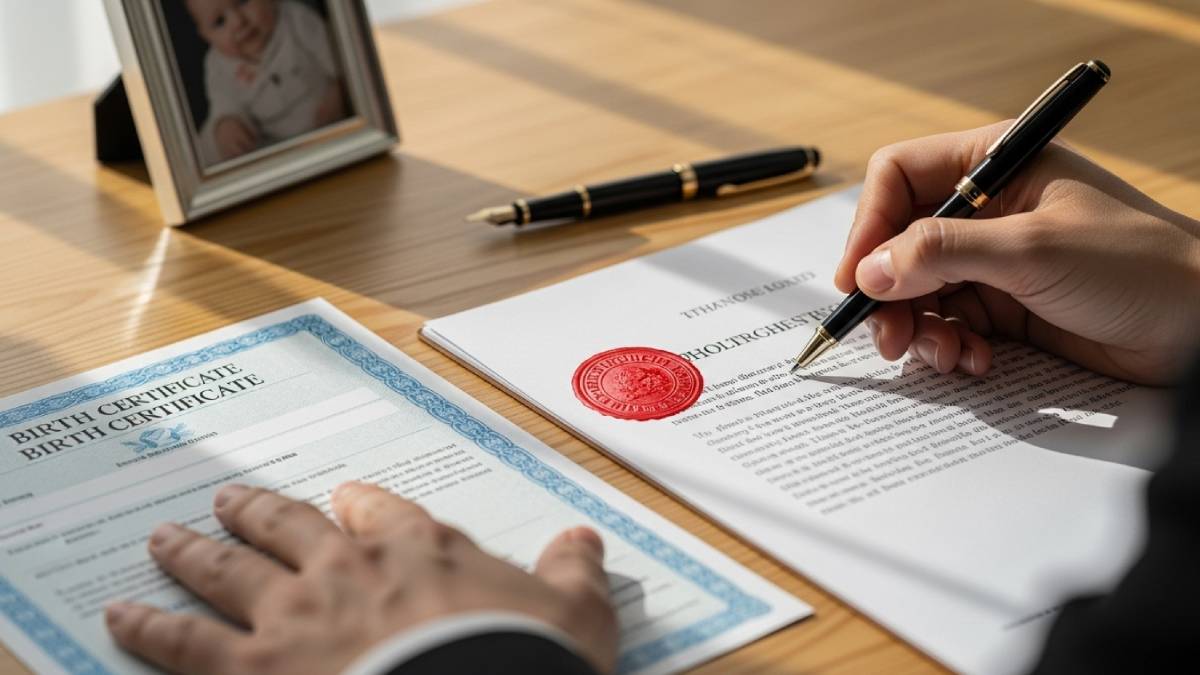 Birth certificate translated with red stamp on clear desk, baby photo frame in background