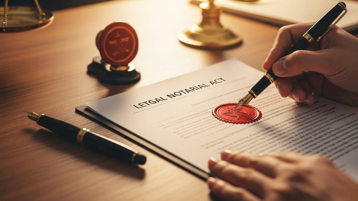 Notarial deed translated with red stamp, fountain pen and seal on a desk