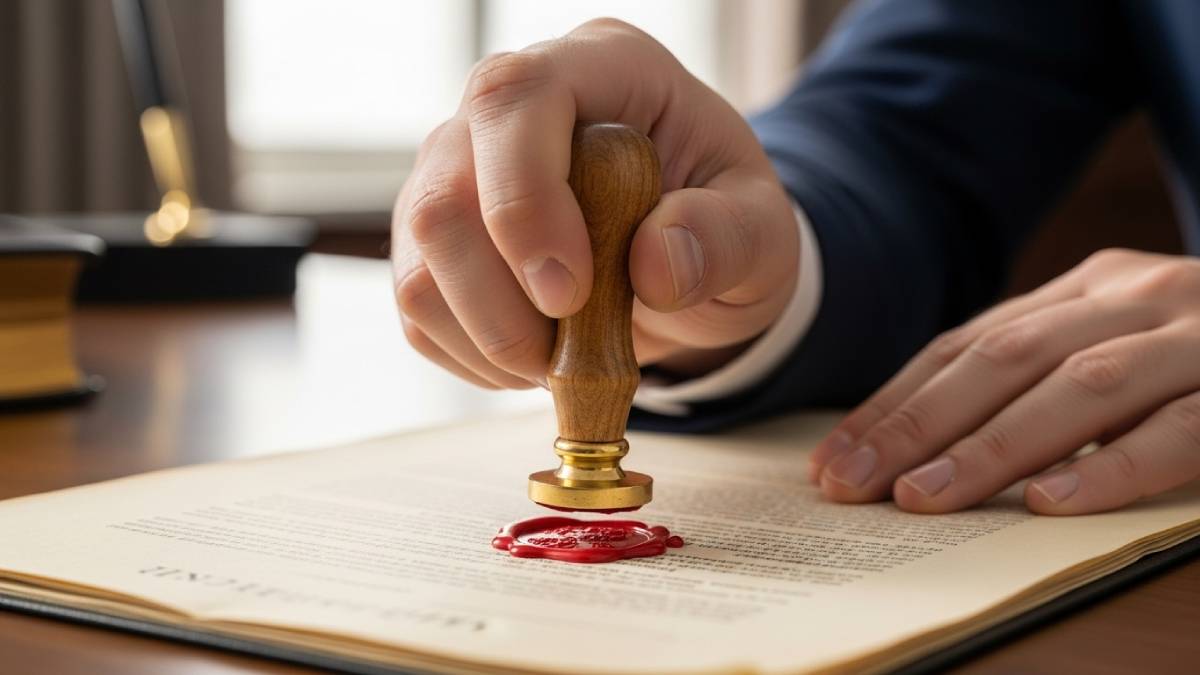 Red stamp affixed to a close-up of an official document in a formal office