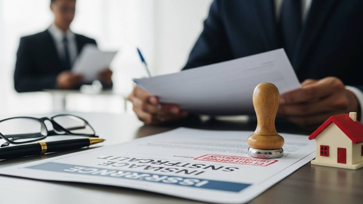 Translation of an insurance document with red stamp, house model and pen in the foreground