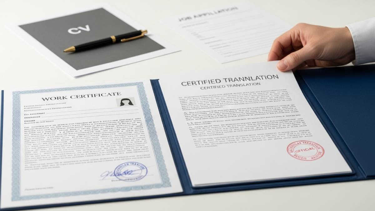 Translated work certificate with red stamp, CV and hand filing document