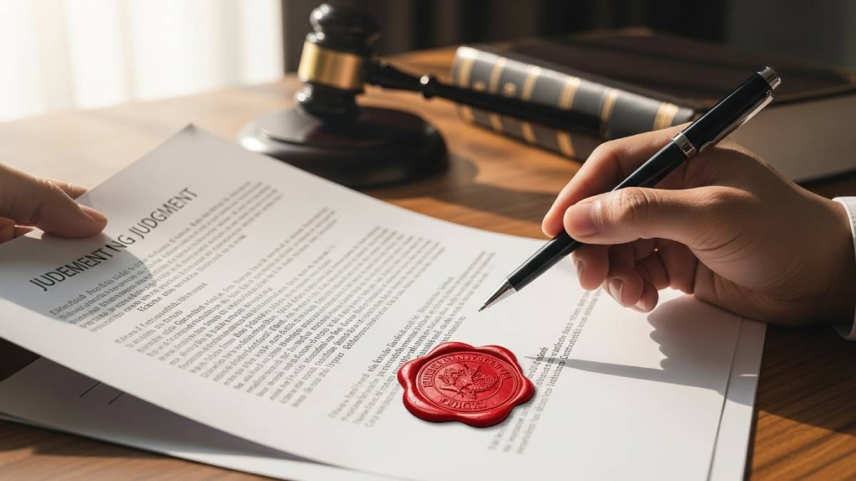 Translation of a court ruling with red stamp, candle and blurred photo in background