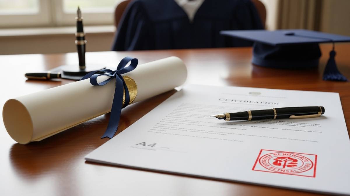 Diploma/qualification and sworn translation with red seal, blurred graduation gown in background
