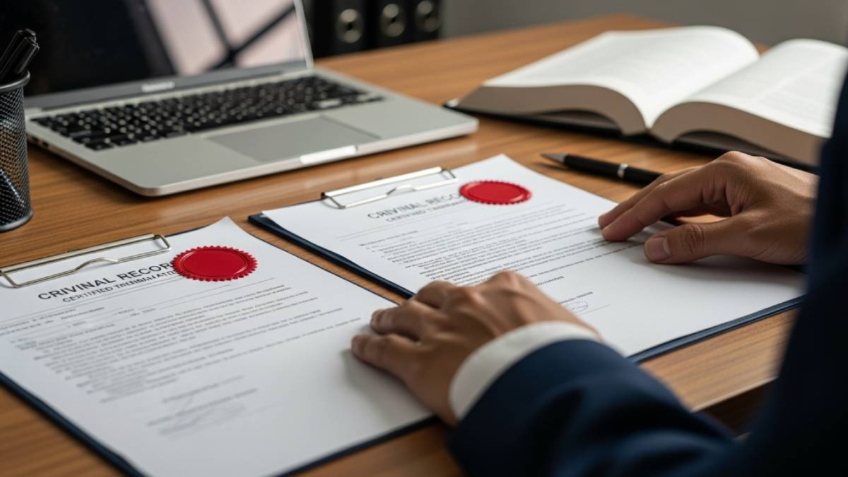 Translated criminal record with red stamp, translator's hands and law book in background