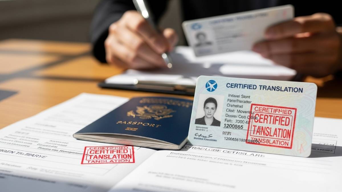 Passport and identity card with sworn translations and red stamp on desk