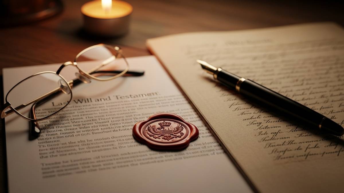 Translation of a will with red stamp, old pen and soft light in the background