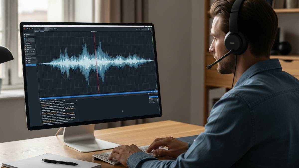 Person wearing headphones transcribing audio, sound wave visible on screen