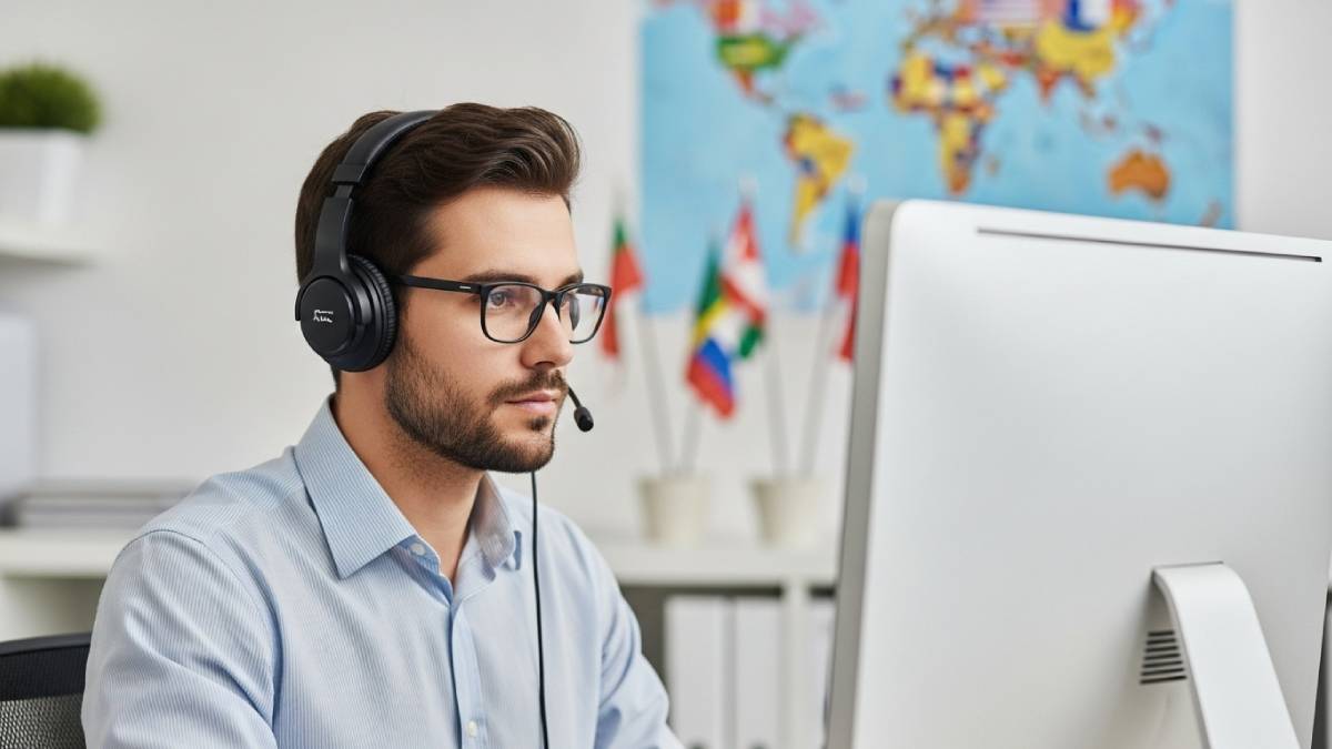 Traducteur concentré au bureau avec carte du monde, ambiance pro et lumière naturelle