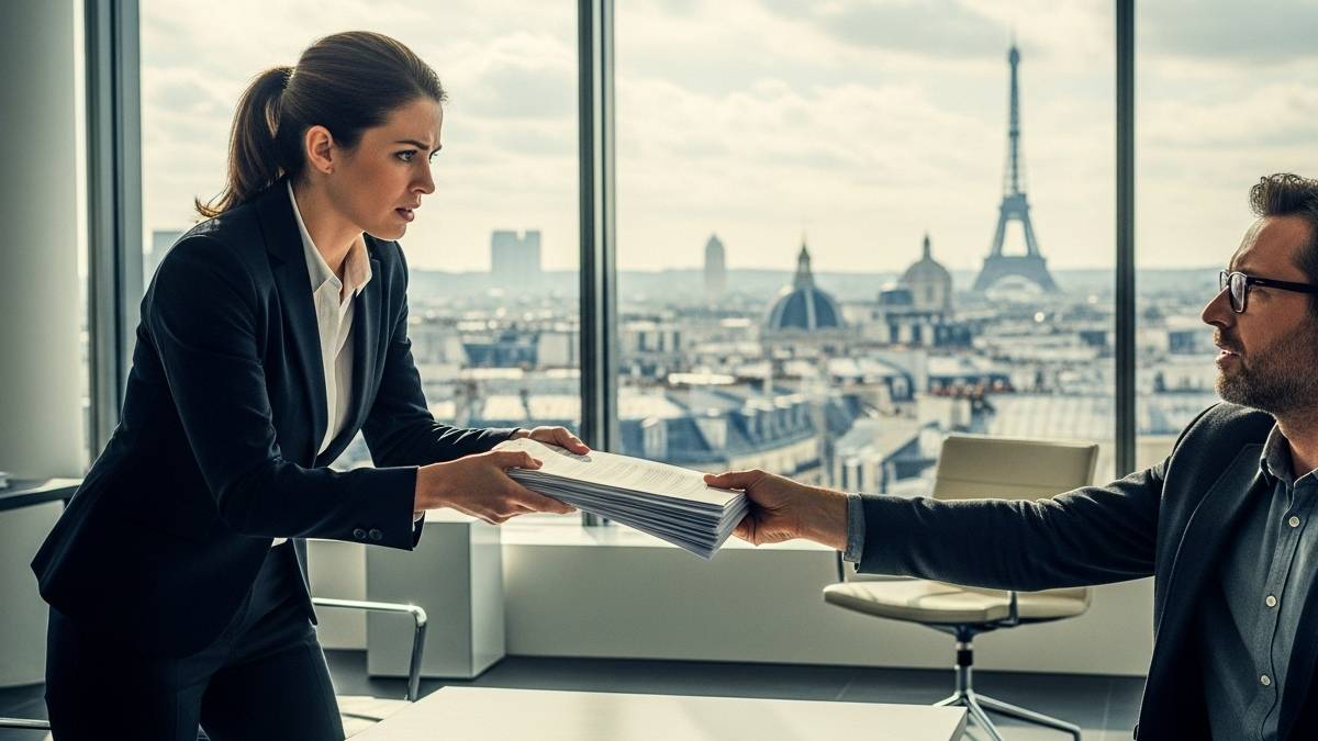 Woman in a hurry giving documents to a translator in a modern urban office