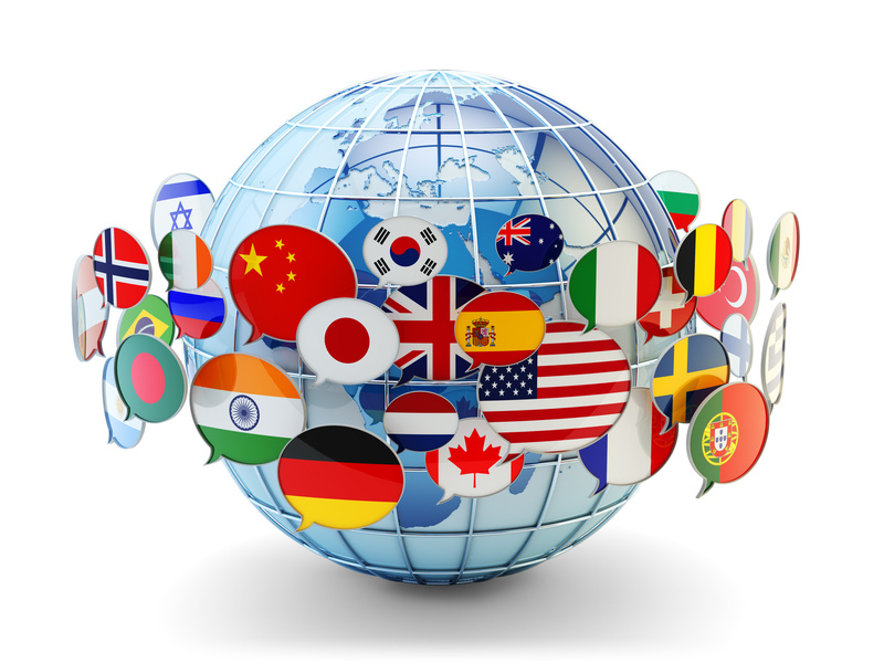 global communication, international messaging and translation concept, speech bubbles with national flags of world countries around blue earth globe isolated on white background
