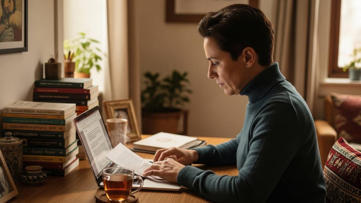 Traducteur natif concentré, intérieur chaleureux, travail sur document à l’écran
