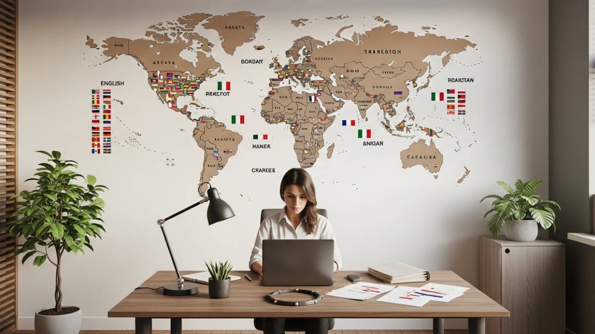 Carte du monde, drapeaux de langues variées, traducteur au travail, ambiance internationale