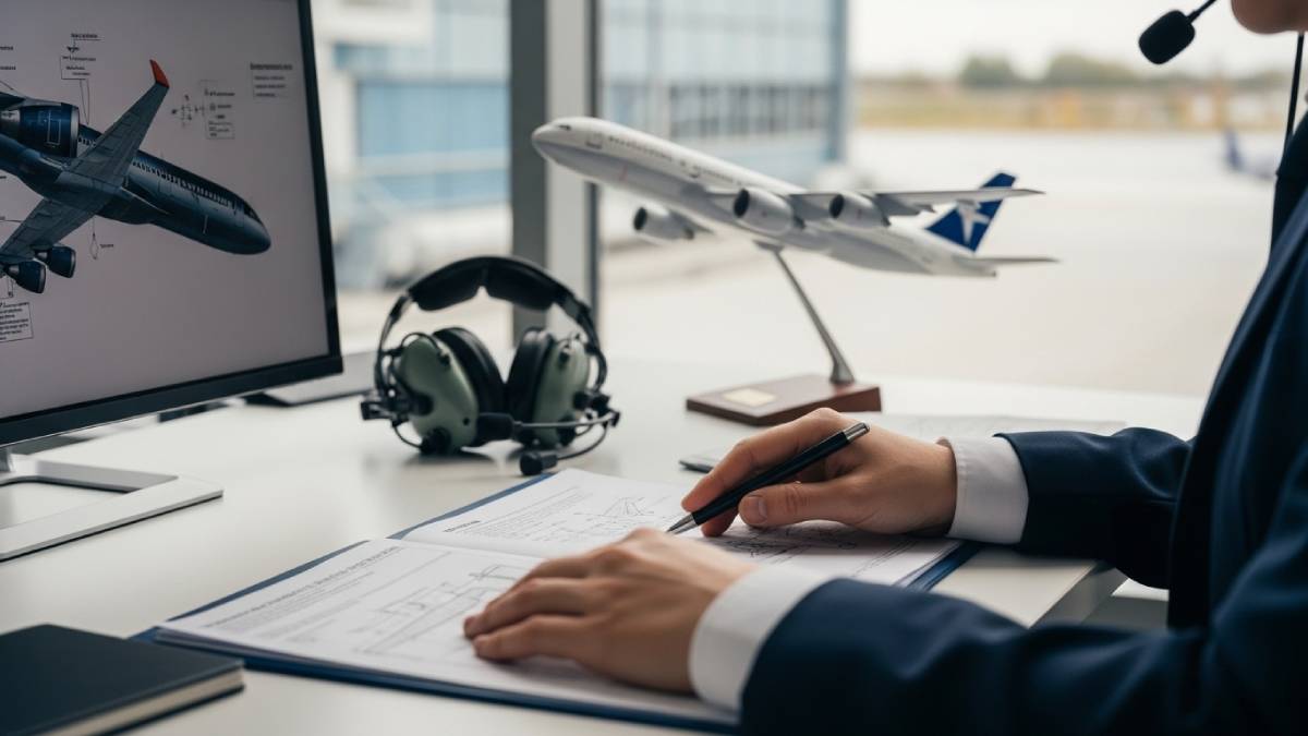 Traducteur aéronautique travaillant sur schémas d’avion et documents techniques