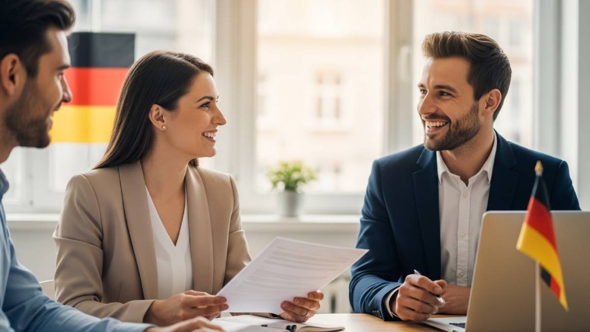 Traducteur et client allemand discutant dans un bureau moderne, ambiance chaleureuse