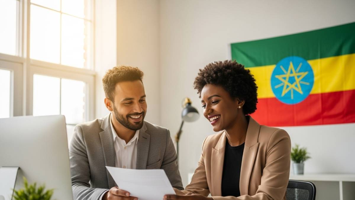 Traducteur avec client amharophone, documents à la main, drapeau éthiopien bien visible