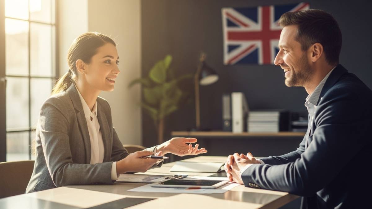 Traducteur échange avec un client anglophone dans un bureau, ambiance chaleureuse