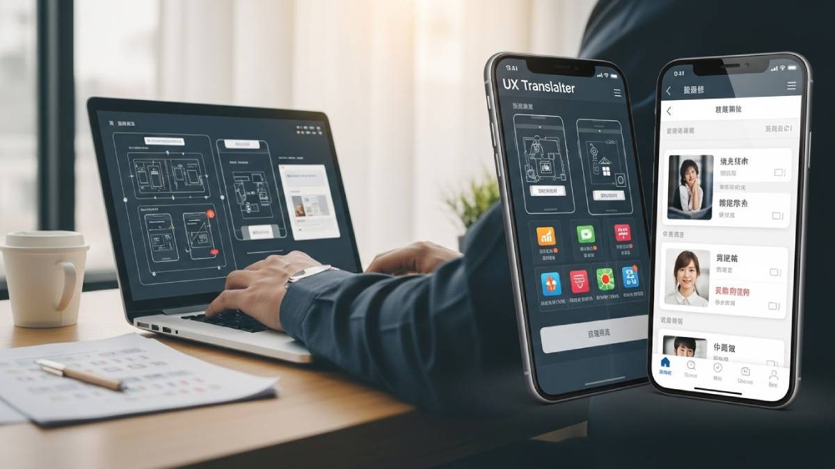 Traducteur mobile UX travaillant sur une app multilingue avec smartphone et ordinateur