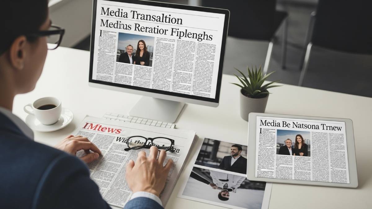 Traducteur presse travaillant sur un article en version numérique et papier