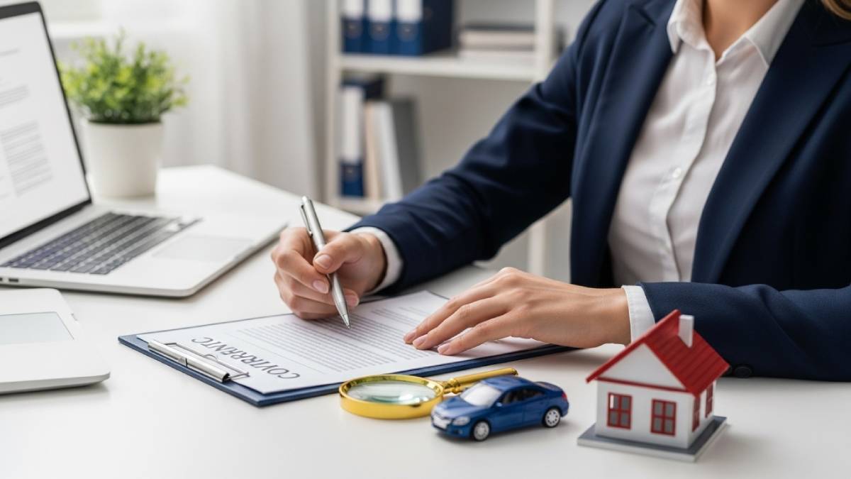 Traducteur assurance relisant des documents contractuels dans un cadre professionnel