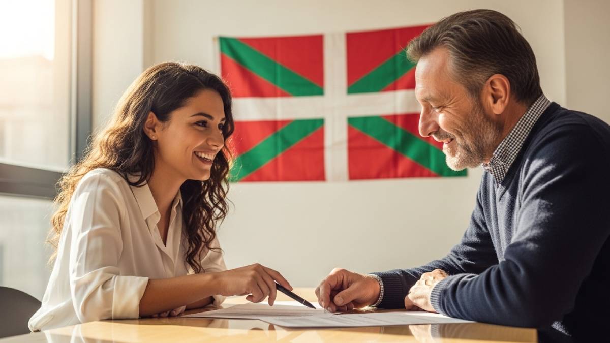 Traducteur avec client bascophone, bureau moderne, drapeau basque bien visible