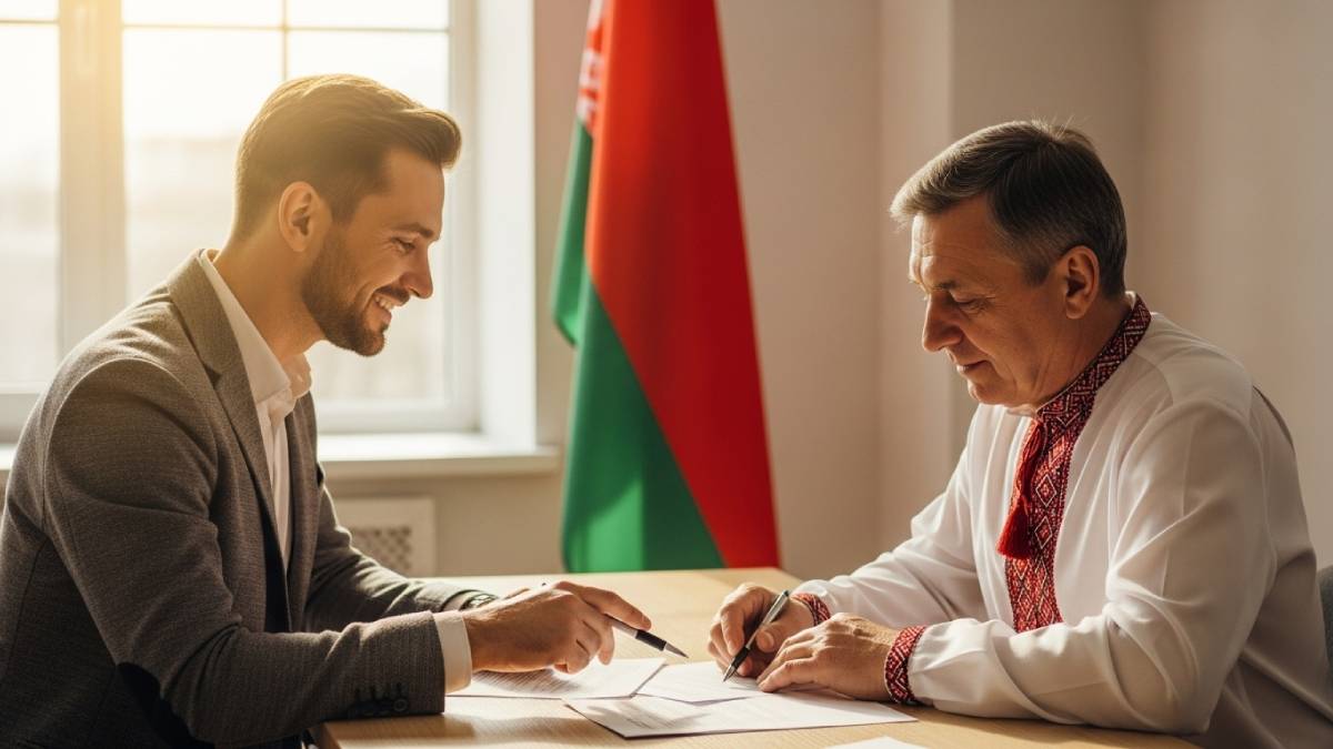 Traducteur avec client biélorussophone, documents en main, drapeau biélorusse bien visible