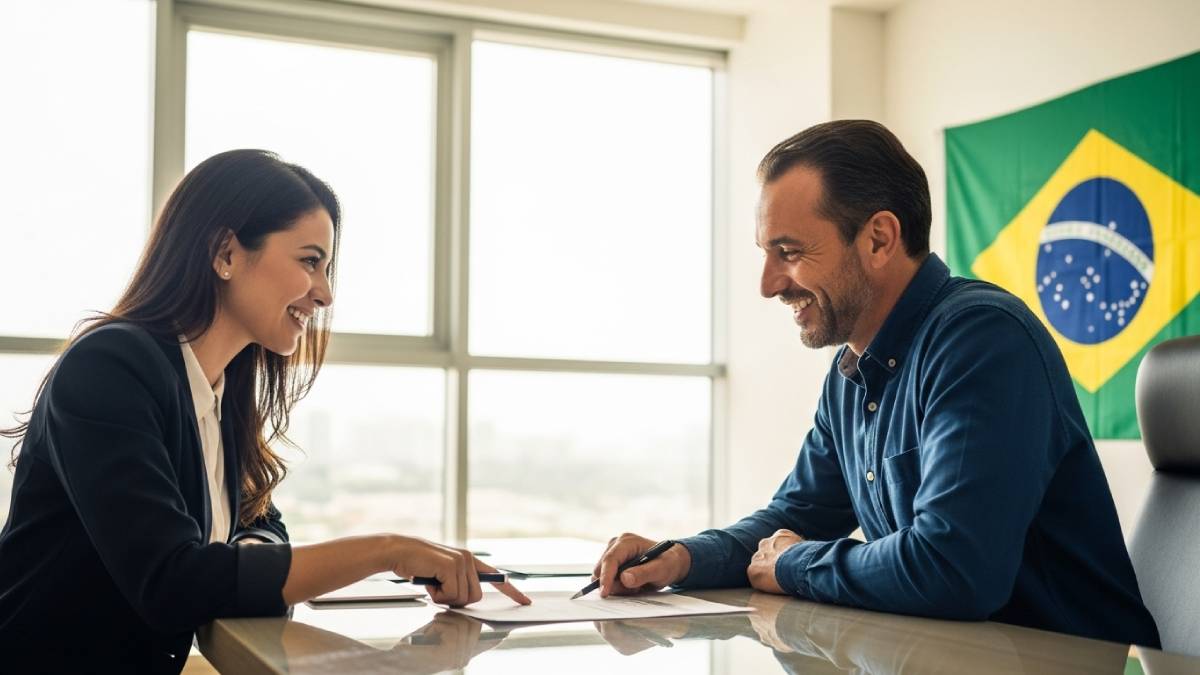 Translator with Brazilian client, bright office, Brazilian flag clearly visible