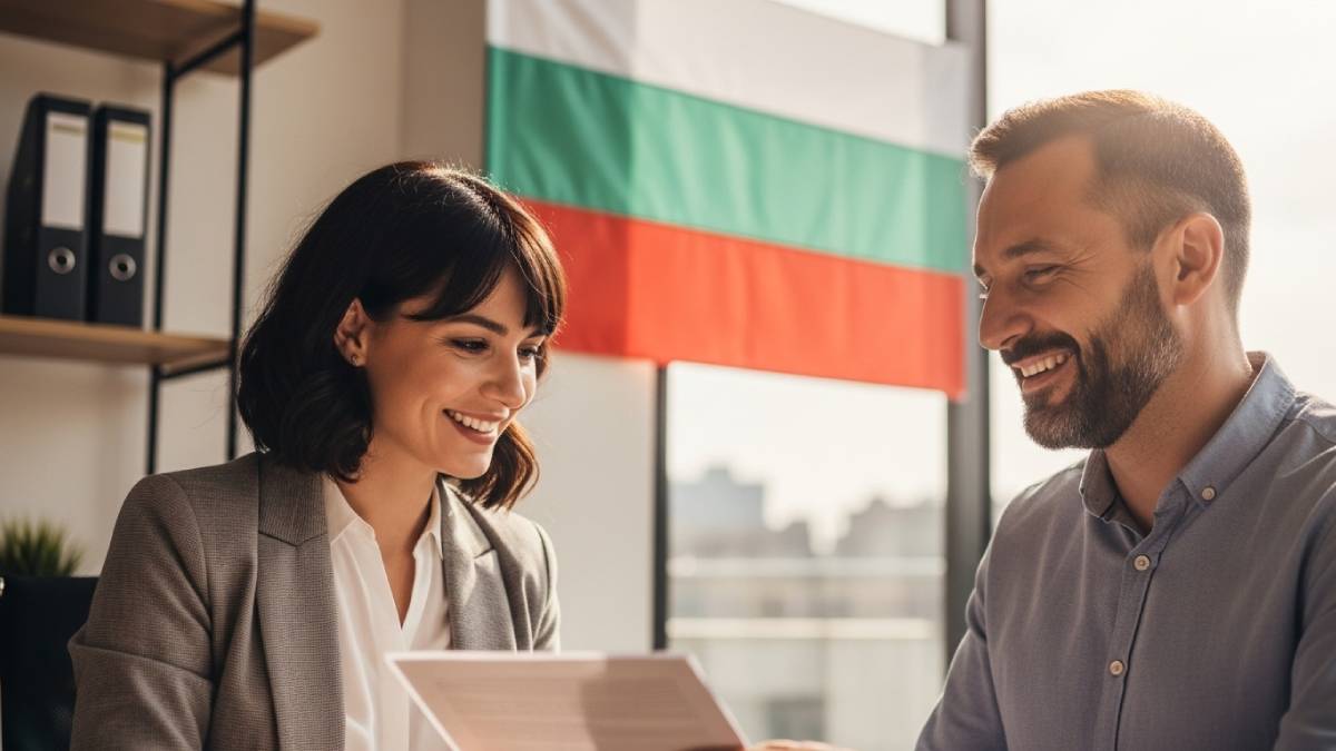 Traducteur avec client bulgarophone dans un bureau moderne, drapeau bulgare bien visible