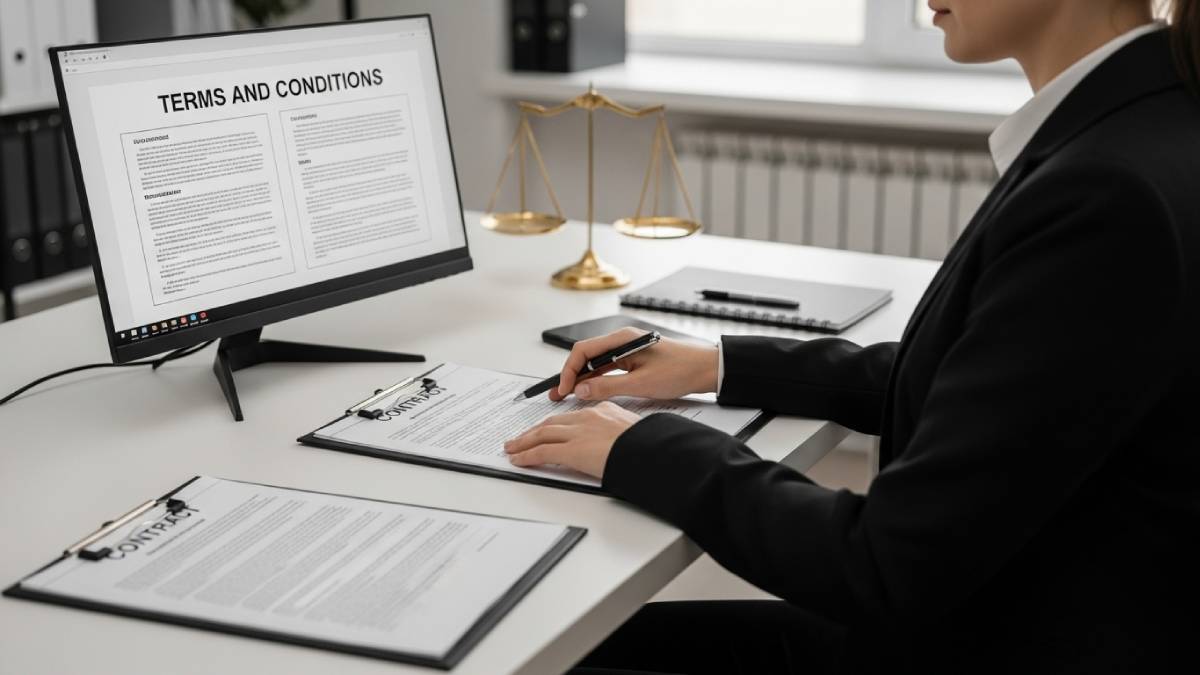 Traducteur juridique relisant des conditions générales de vente dans un cadre pro