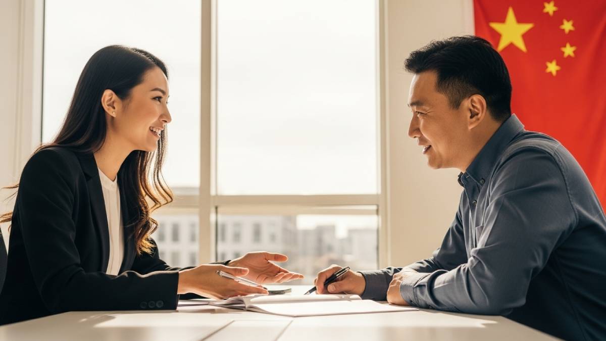 Traducteur avec client sinophone, bureau lumineux, drapeau chinois bien visible