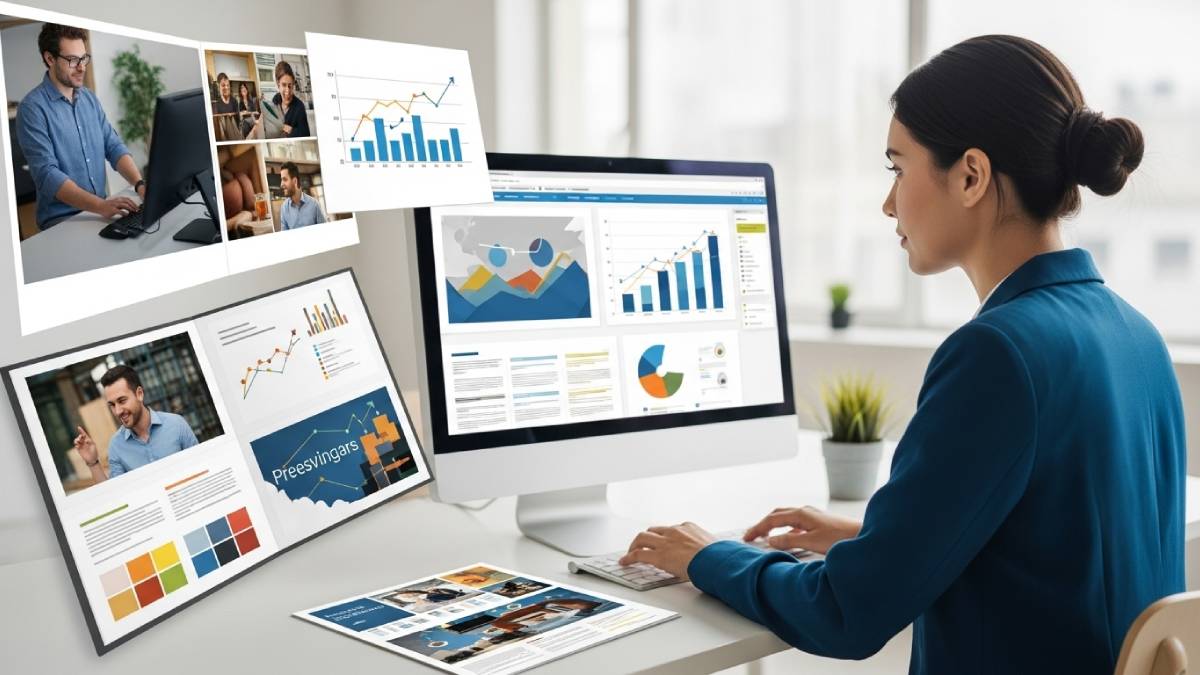 Traducteur commercial travaillant sur supports marketing multilingues modernes