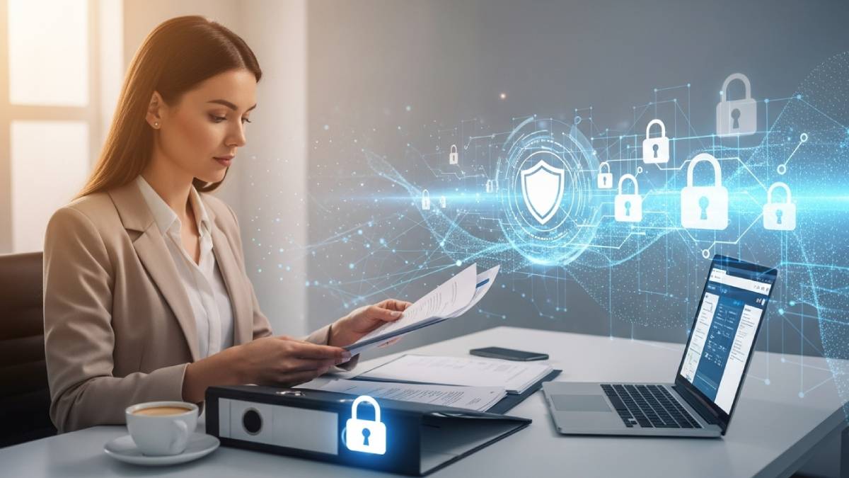 Traducteur manipulant des documents confidentiels, ambiance sécurité et discrétion