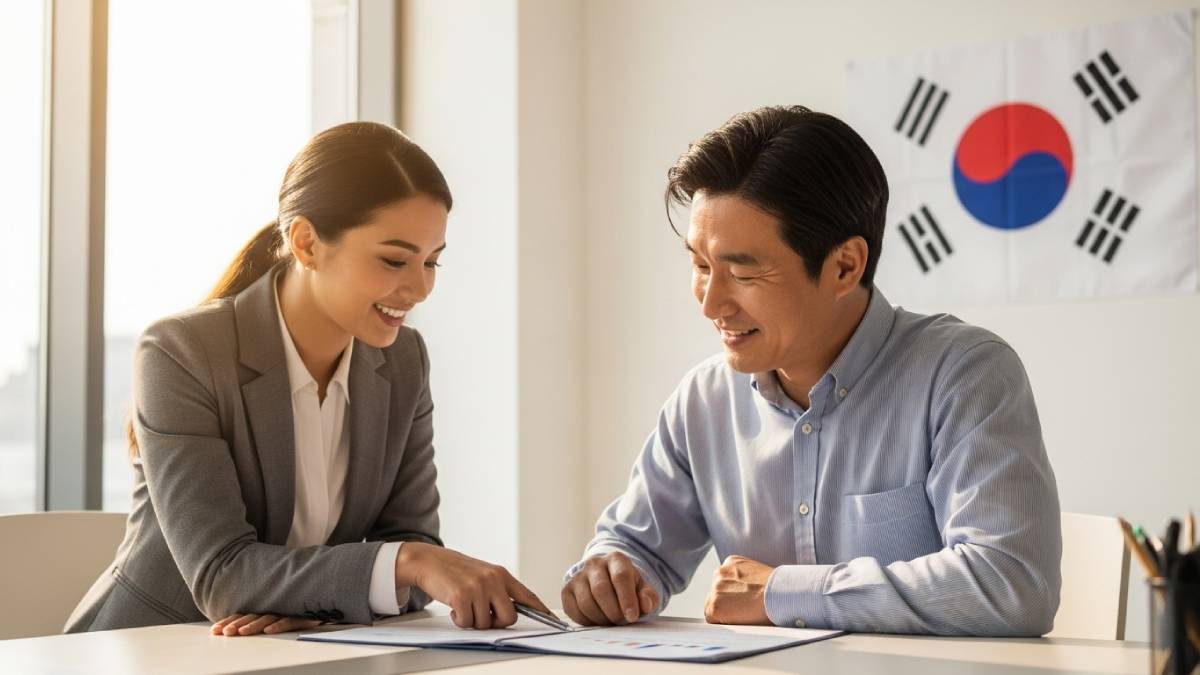 Traducteur avec client coréen dans un bureau lumineux, drapeau sud-coréen bien visible