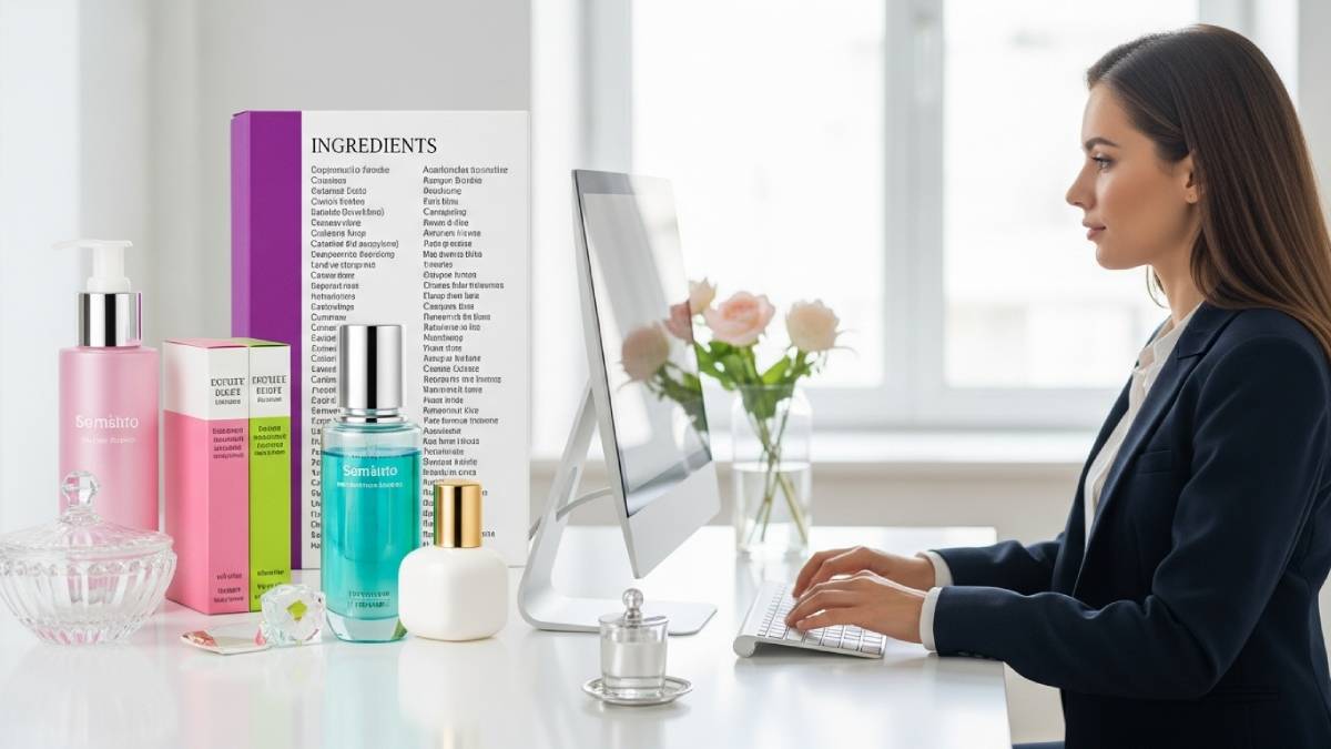 Traductrice cosmétique avec produits de beauté et emballages multilingues élégants