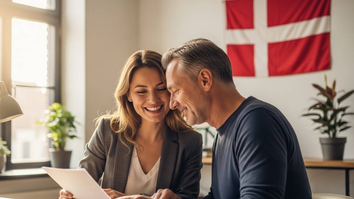 Traducteur avec client danophone dans un bureau moderne, drapeau danois bien visible