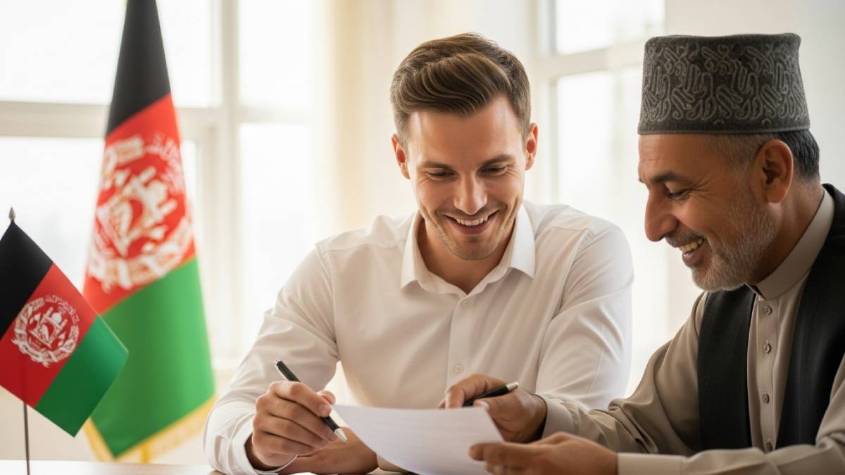 Traducteur avec client dari, bureau moderne, drapeau afghan bien visible