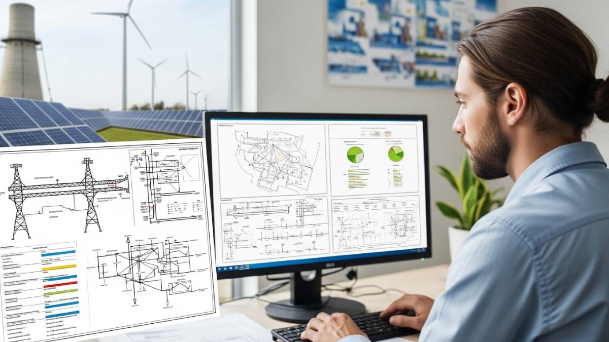 Traducteur énergie devant plans techniques et visuels d’infrastructures durables
