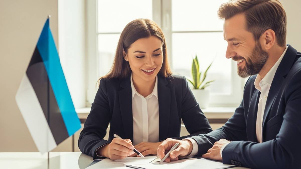 Traducteur avec client estonien, documents en main, drapeau estonien bien visible