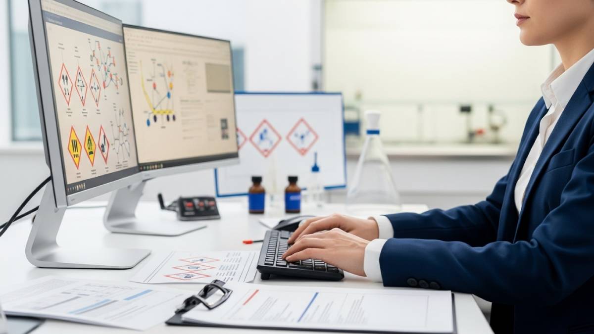 Traducteur sécurité relisant des documents avec pictogrammes et produits chimiques